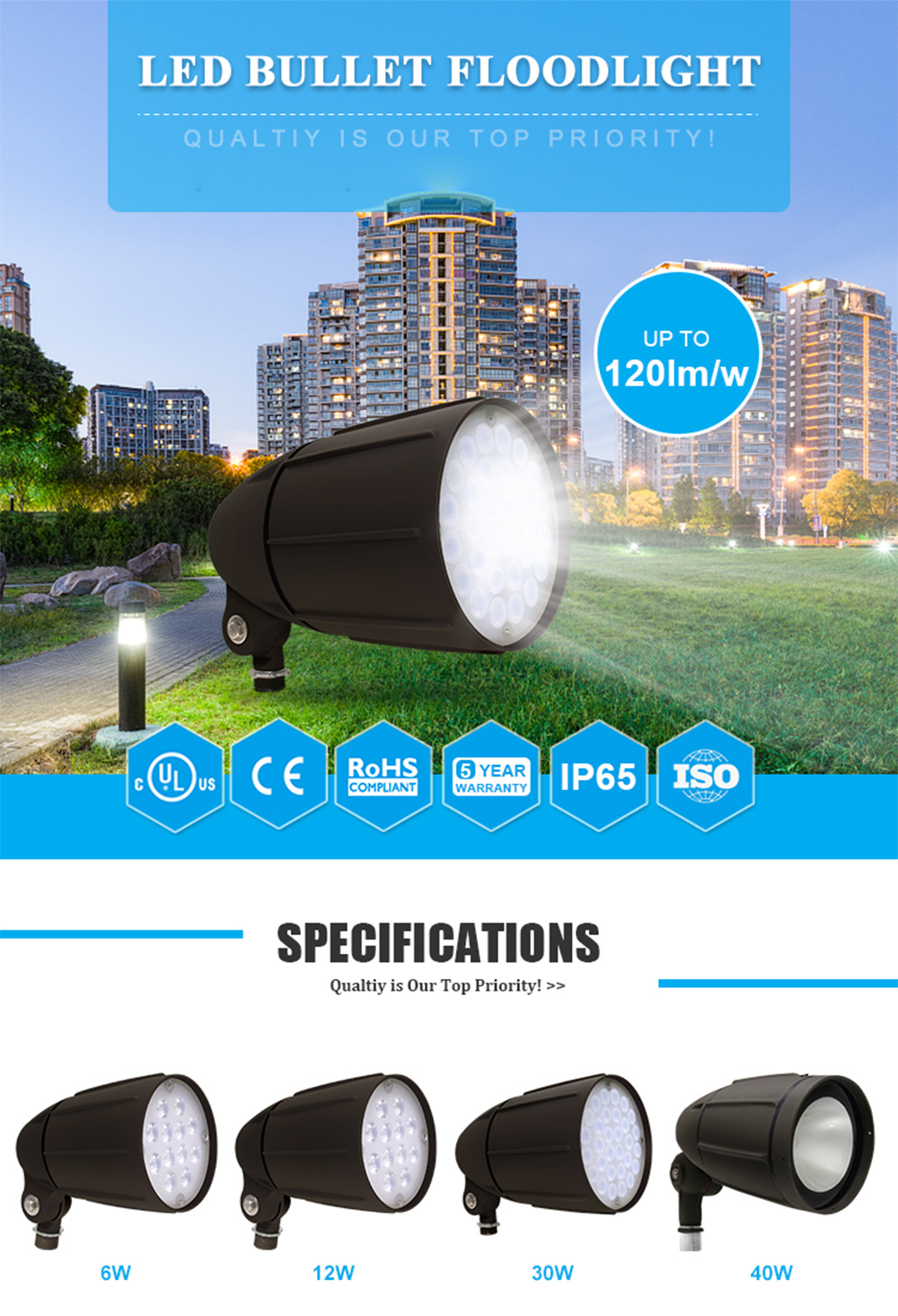 5 Years Warranty External LED Outdoor Spotlight Lighting Bullet Flood Light with UL Ce