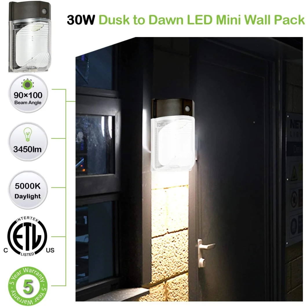 LED Mini Wall Pack Outdoor Dusk to Dawn Light, 25W, Security Wall Sconce Lighting Fixture Light, 6000K, Photocell, with Clear Glass Cover, IP65