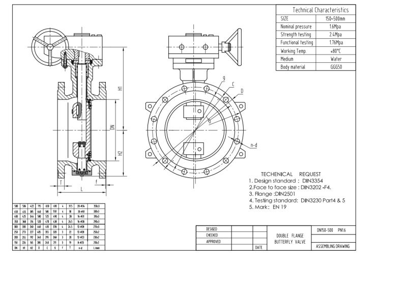 Ductile Iron Butterfly Valve Pn16 Dn150-Dn1800 Double Flange Double Eccentric Soft Sealed En593