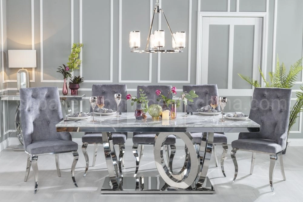 Modern Luxury Silver Stainless Steel Frame Marble Dining Table for Home Restaurant Furniture Set