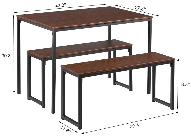 Dining Table with 2 Benches Wood Table Top Sturdy Metal Frame Construction, Rectangle Modern 3 Piece Dining Set Fit in Dining Room for 4