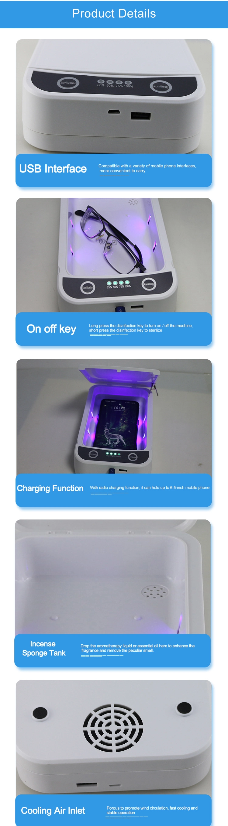 Multi-Functional Fast Sterilization Wireless Charging Aromatherapy LED UV Germicidal Disinfection Sterilizing Sanitizing Box for Mobile Phone, Glasses, etc.