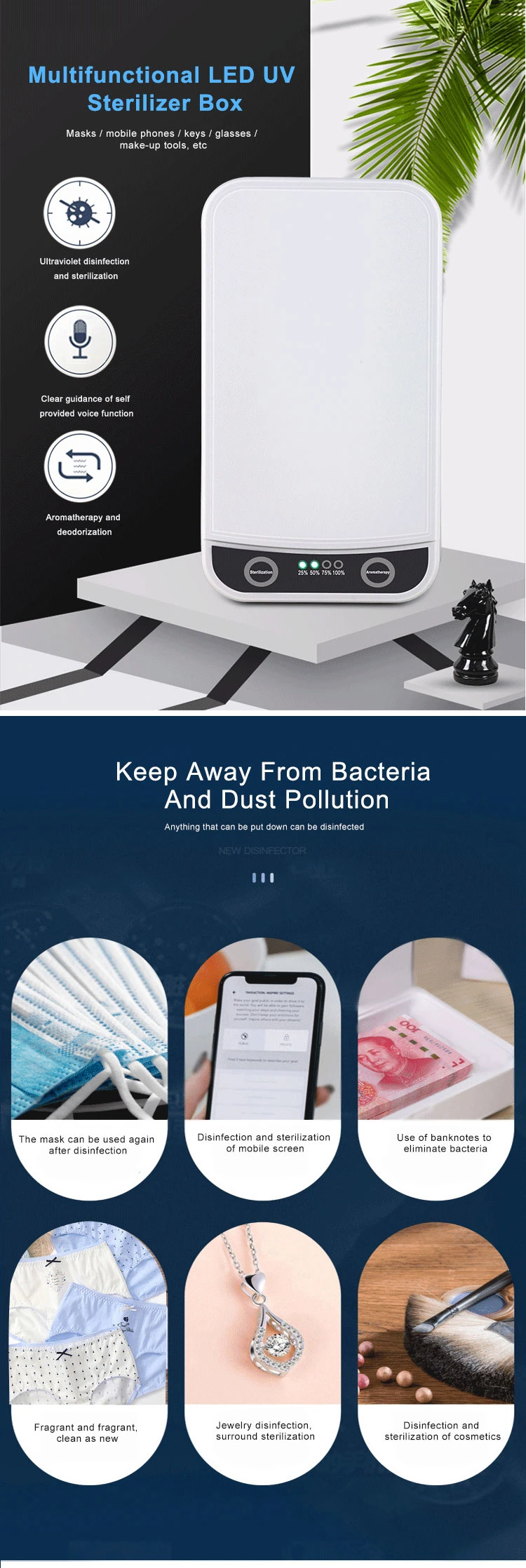 Multi-Functional Fast Sterilization Wireless Charging Aromatherapy LED UV Germicidal Disinfection Sterilizing Sanitizing Box for Mobile Phone, Glasses, etc.