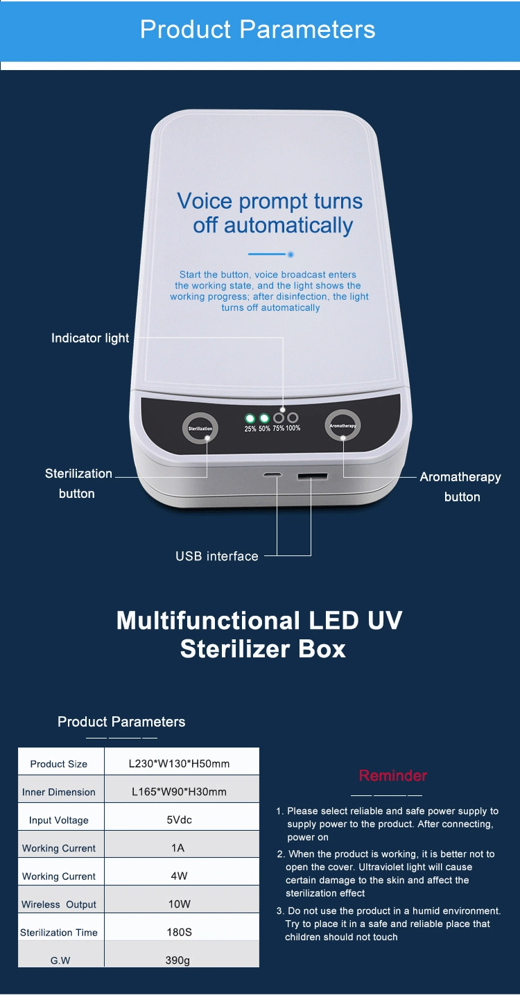 Multi-Functional Fast Sterilization Wireless Charging Aromatherapy LED UV Germicidal Disinfection Sterilizing Sanitizing Box for Mobile Phone, Glasses, etc.