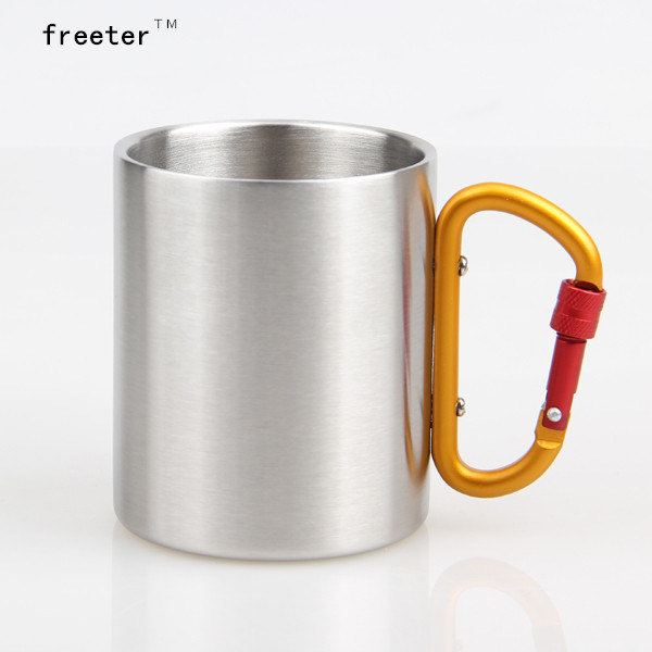 300ml Custom Company Logo Printed High Quality Cup with Carabiner Hook Stainless Steel Camping Coffee Mug