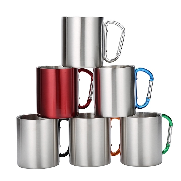 300ml Custom Company Logo Printed High Quality Cup with Carabiner Hook Stainless Steel Camping Coffee Mug