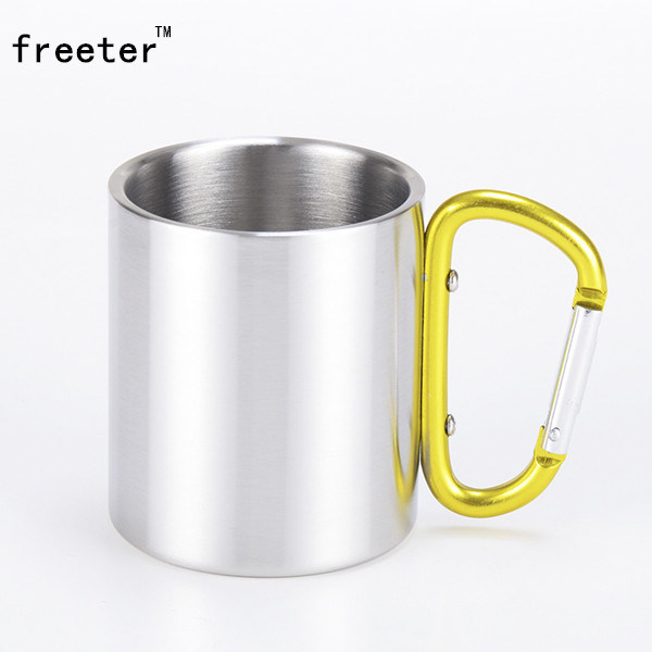 300ml Custom Company Logo Printed High Quality Cup with Carabiner Hook Stainless Steel Camping Coffee Mug