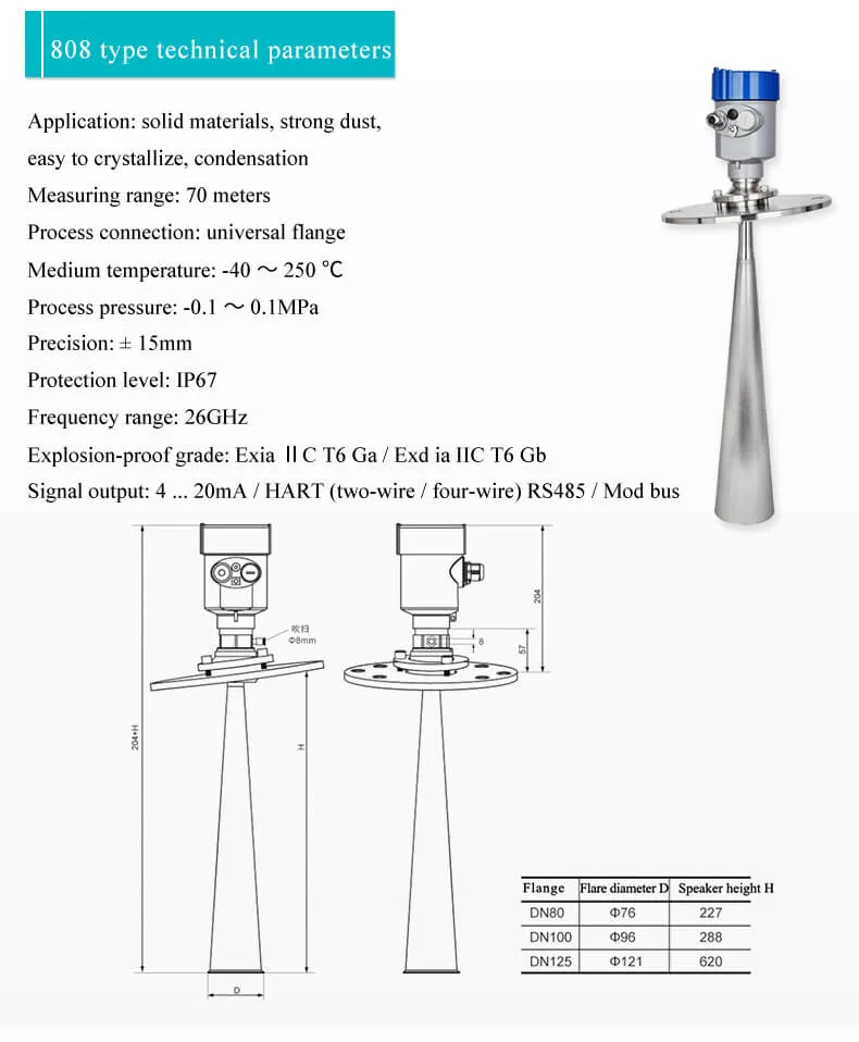 4~20mA High Frequency Radar Level Transmitter Feed Silo Level Sensor