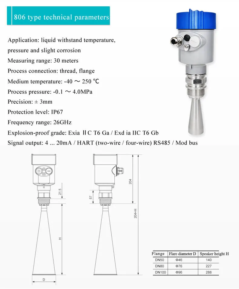 4~20mA High Frequency Radar Level Transmitter Feed Silo Level Sensor