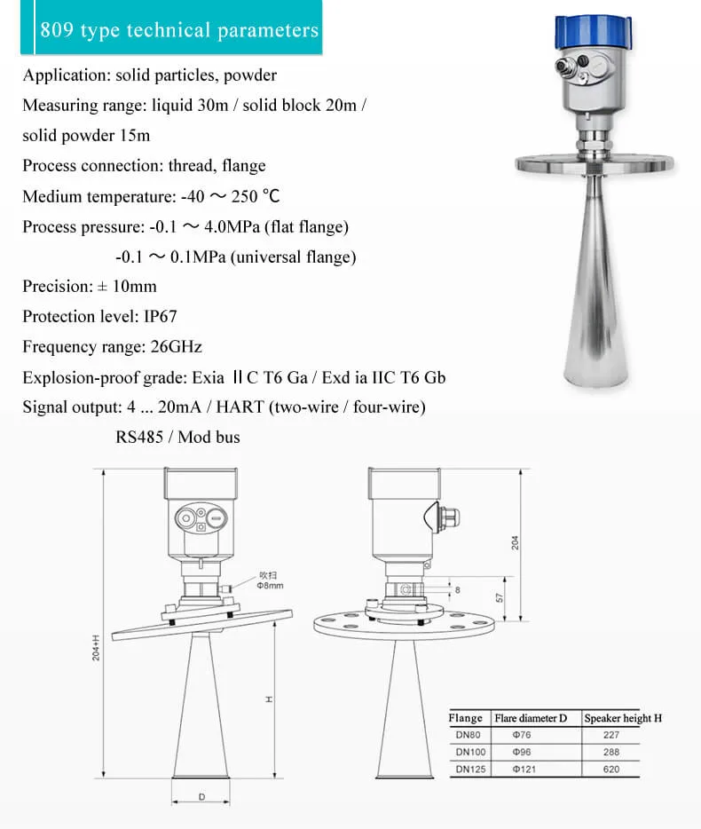 4~20mA High Frequency Radar Level Transmitter Feed Silo Level Sensor