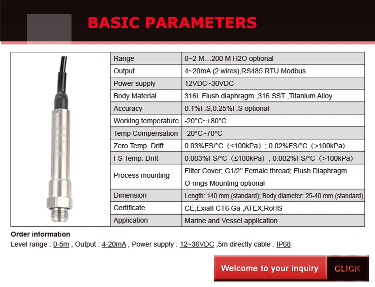 Titanium Housing RS485 Output Water Level Probe Water Level Sensor