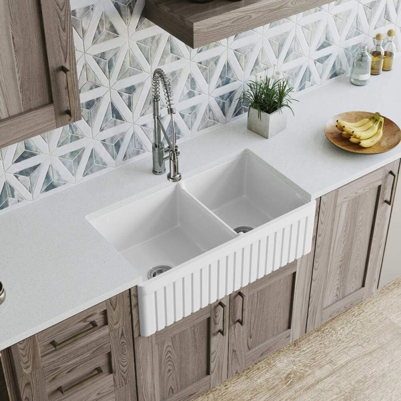 Aquacubic Popular White Porcelain Kitchen Sink Double Bowl