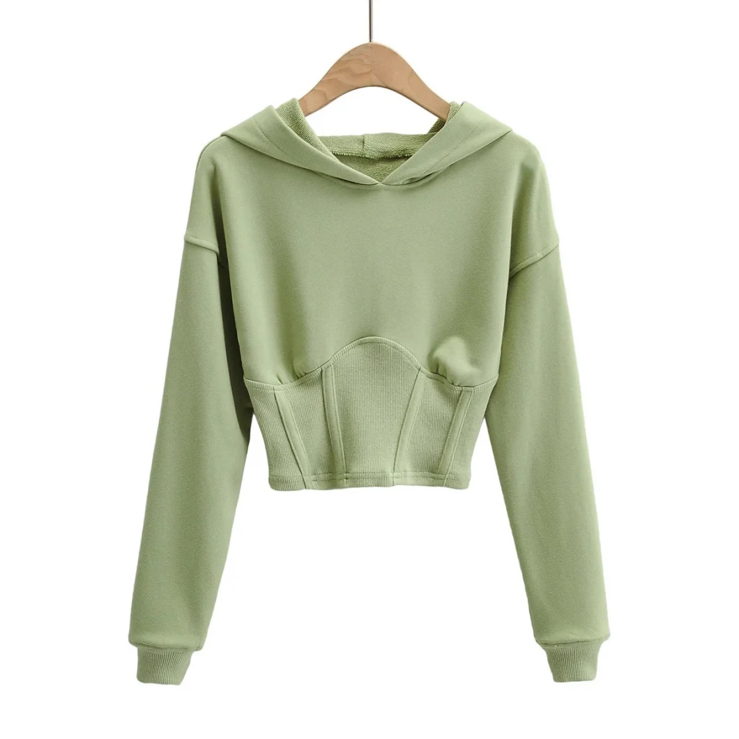 Women French Terry Cotton Crop Top Hoodie Sexy Slim Fit Pullover Sweatshirts