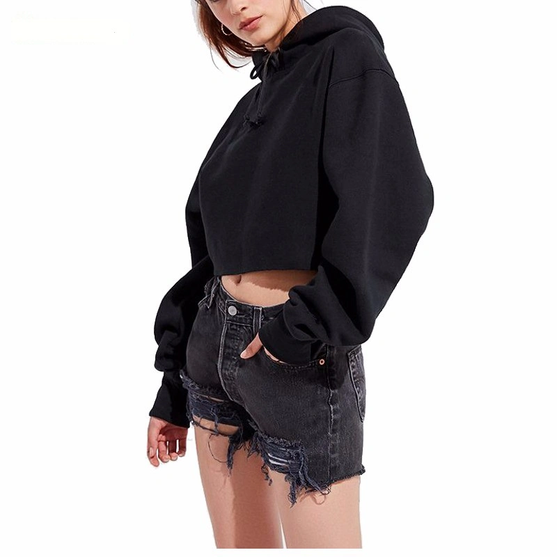 2020 New Arrival Black 100% Cotton Hoodie Crop Top Women Long Sleeve Crop Hoodie