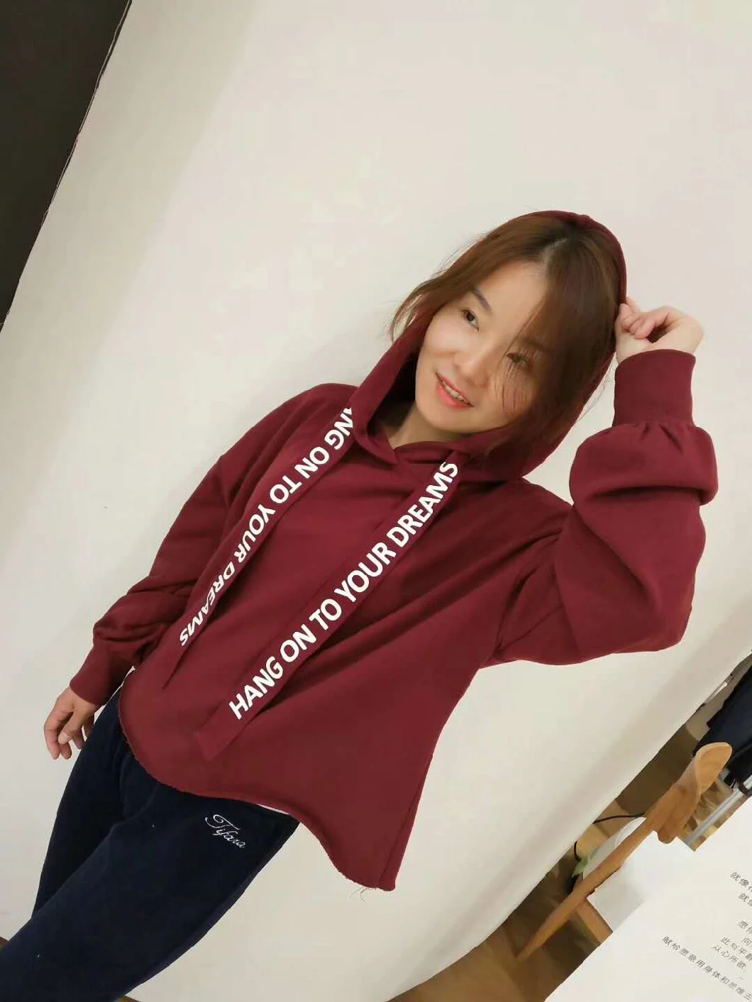 Soft Ladies French Terry Hoodie in Black and Wine High Quality