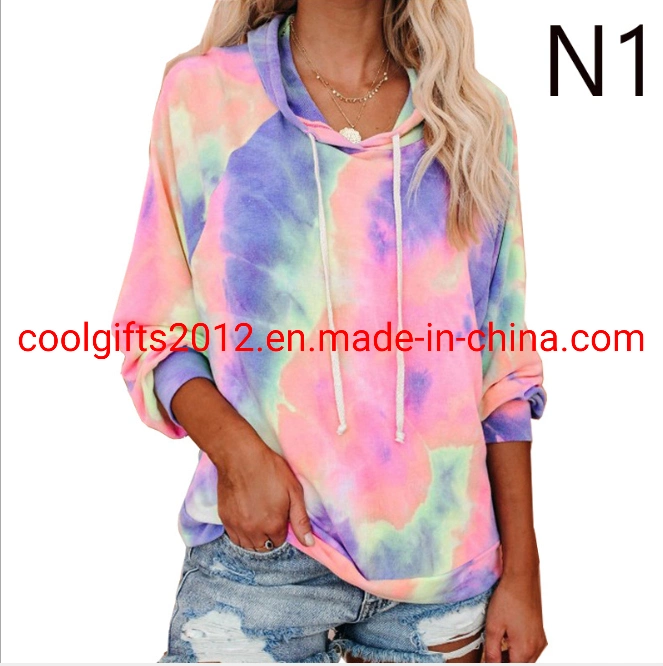 Women Long Sleeve Multicolor Casual Drawstring Hoodies Sweatshirt Tie Dye Pullover Hoodies