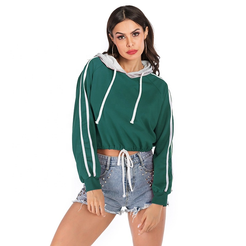 Hot Sale Fashion Two Colors Splicing Loose Cropped Hoodie Woman Crop Top Hoodie