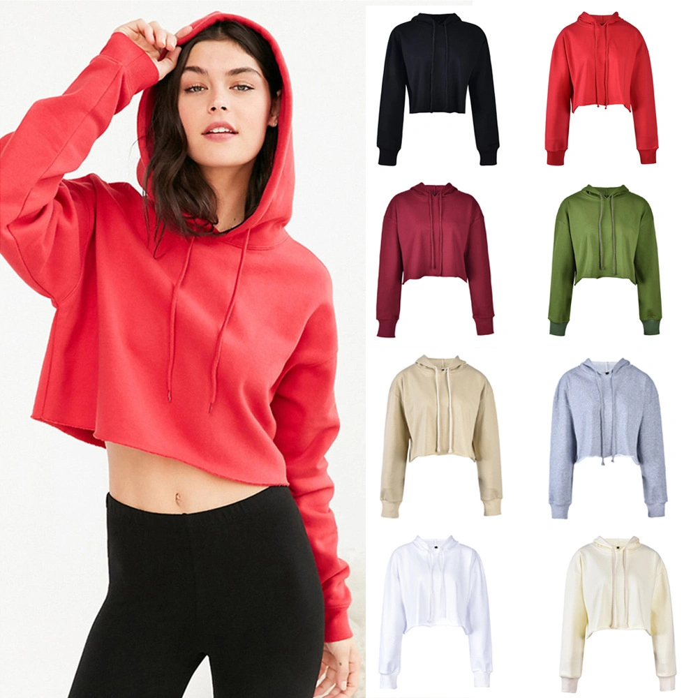 100% Cotton Multi Color Woman Fashion Hoody Crop Top Hoodie Long Sleeve Crop Hoodie