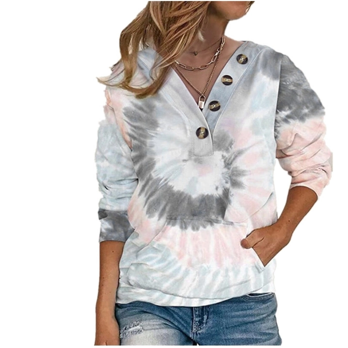 Long Sleeve Hoodie with Loose Tie-Dye Print Twist Button