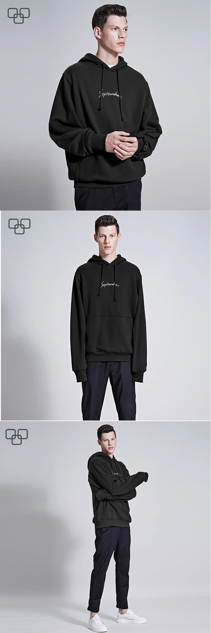 OEM Wholesale Plain Black Hoodie Custom Logo Men's Long Sleeve Hoodie