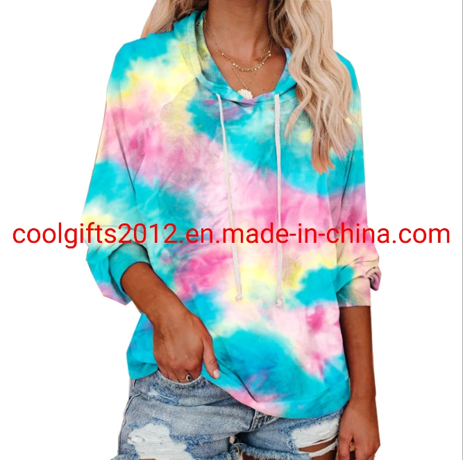 Women Long Sleeve Multicolor Casual Drawstring Hoodies Sweatshirt Tie Dye Pullover Hoodies