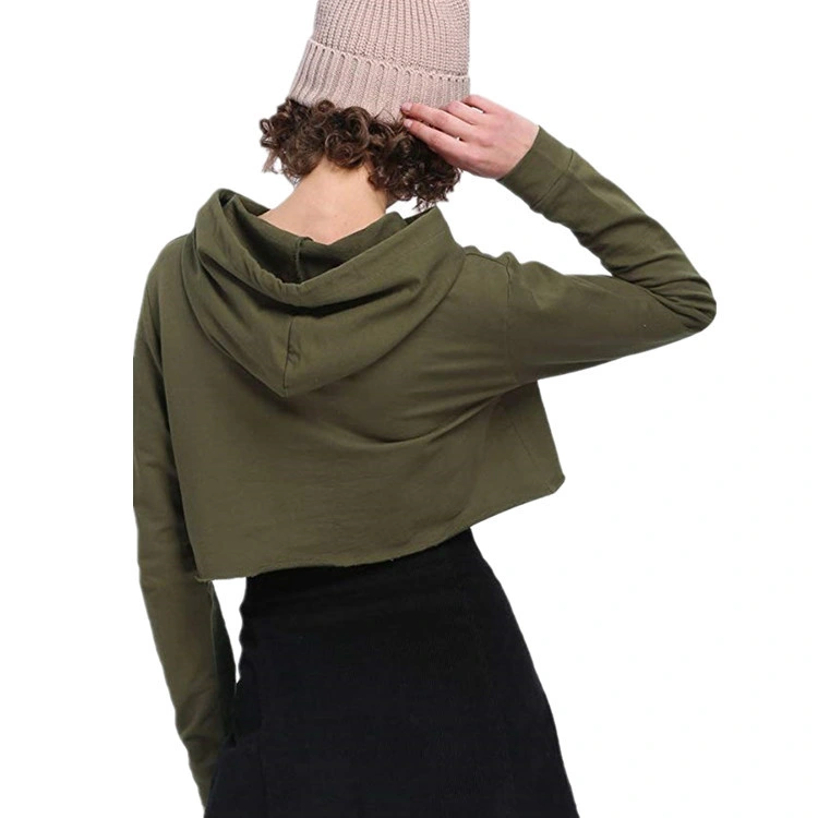 Womens Cropped Workout Sports Hoodie Plain Army Green Long Sleeve Crop Top Sweatshirts