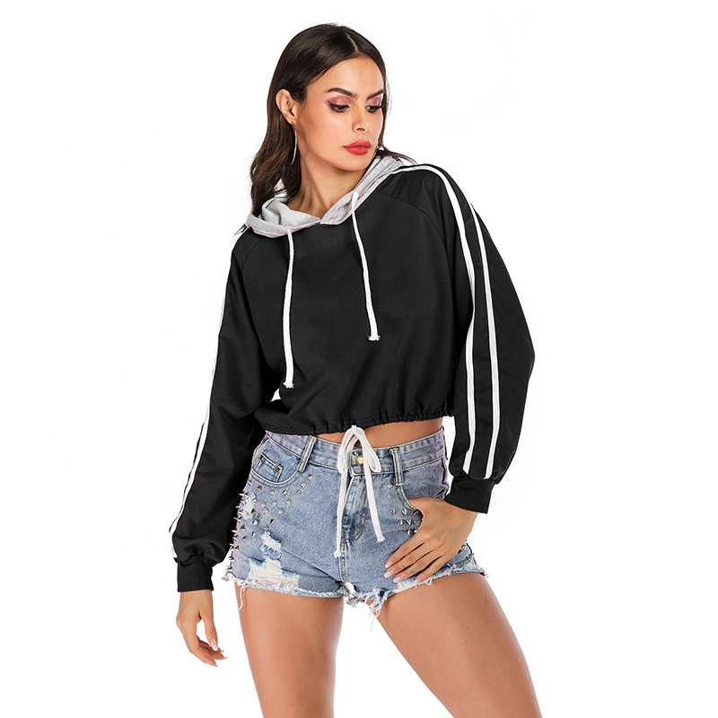 Hot Sale Fashion Two Colors Splicing Loose Cropped Hoodie Woman Crop Top Hoodie