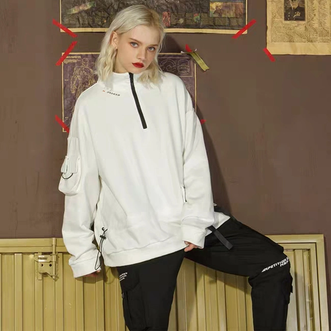 2020 New Style White Solid Plain Longsleeve Spring Outdoor Streetwear Turtleneck Half Zip Pullover Women Hoodie