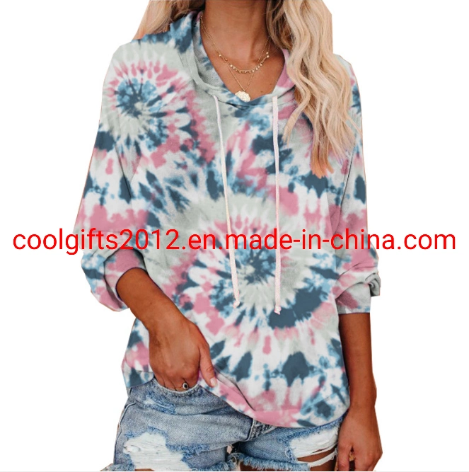 Women Long Sleeve Multicolor Casual Drawstring Hoodies Sweatshirt Tie Dye Pullover Hoodies