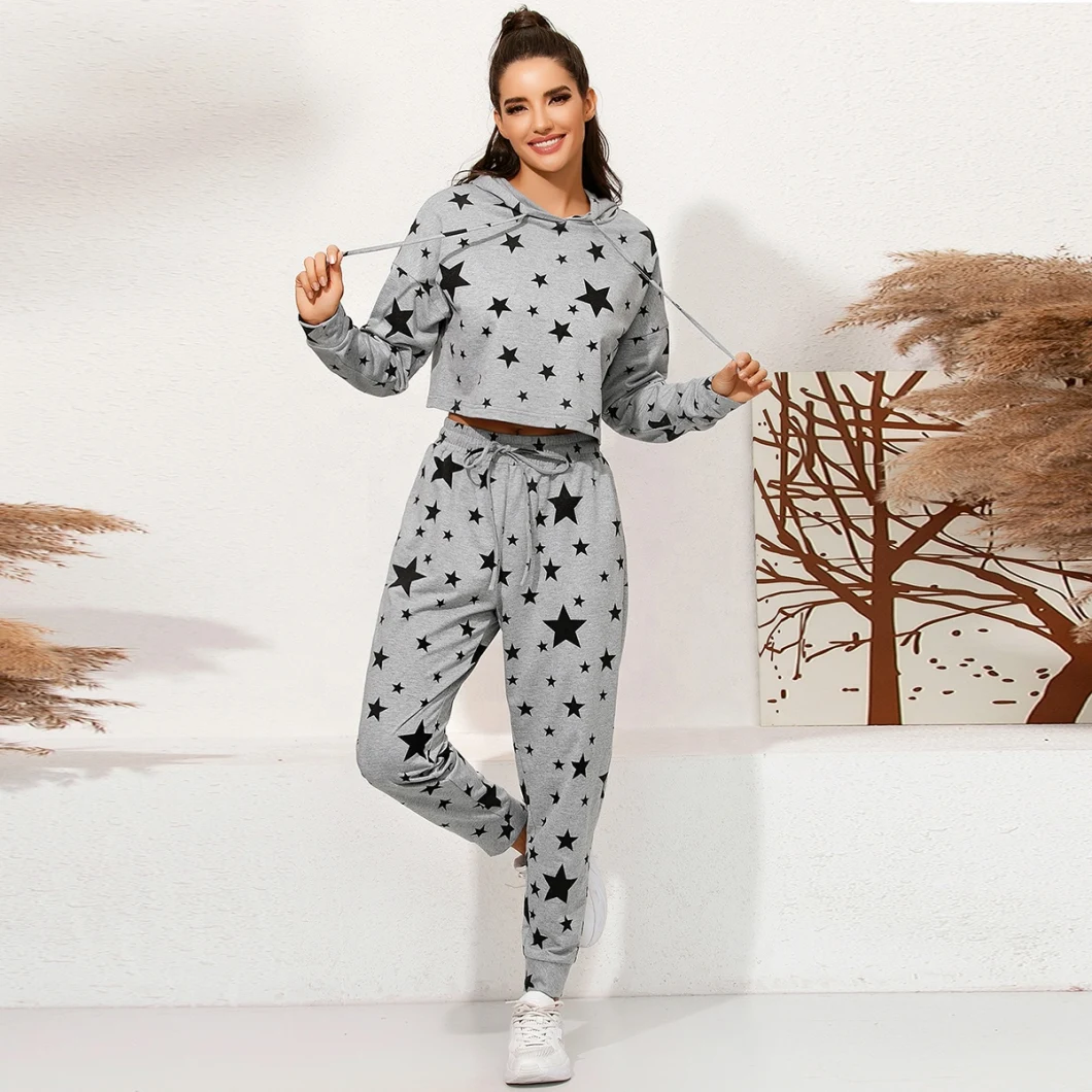 Fall Winter New Hooded Star Long Sleeve Hoodie Suit Jacket Casual Sport Trousers for Women