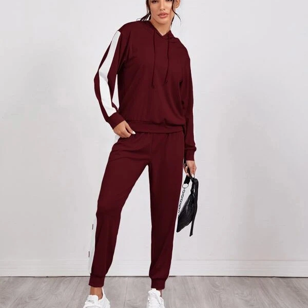 Women Striped Tape Side Drawstring Sports Hoodie with Sweatpants and Workout Running Athletic Sports Tracksuits