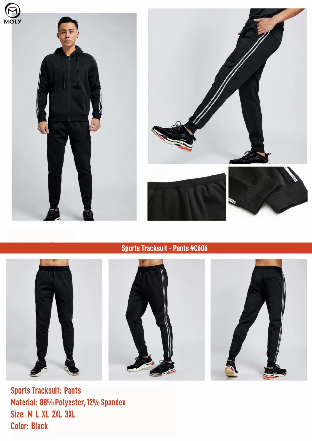 Sports Warm up Tracksuit Mens Size Sports Hoodie and Pants Black Polyester