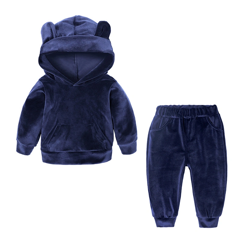 Custom Logo Hot Sale 100% Velvet Cute Style Winter Fashionable Baby Suit Kids Hoodies Set