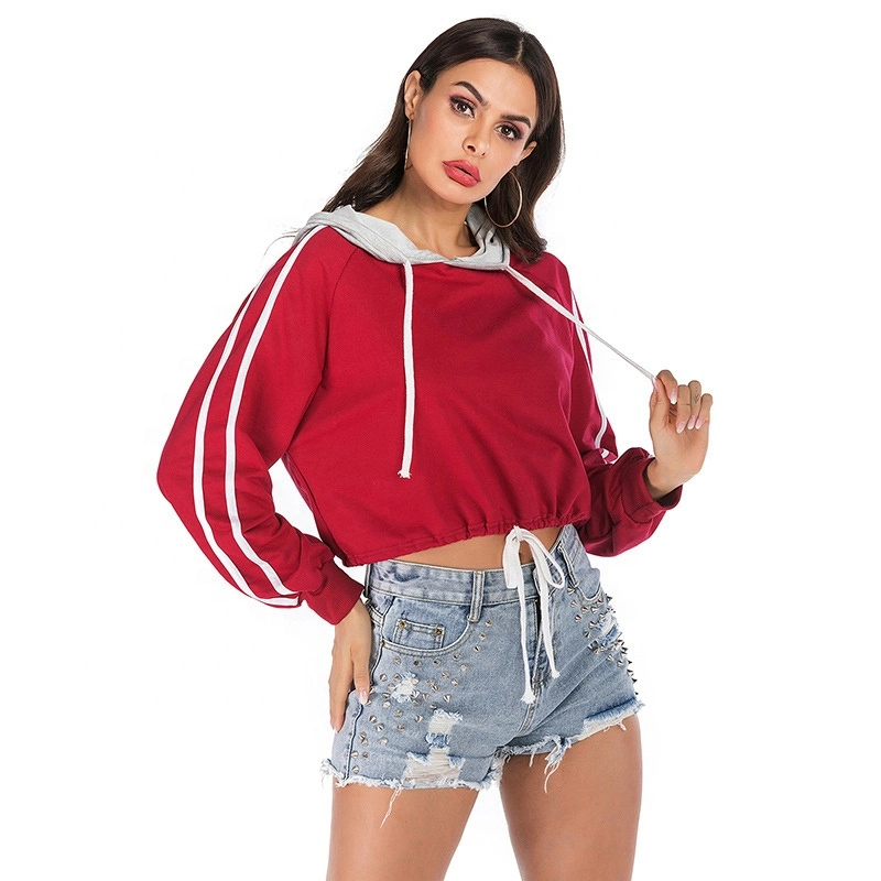 Hot Sale Fashion Two Colors Splicing Loose Cropped Hoodie Woman Crop Top Hoodie