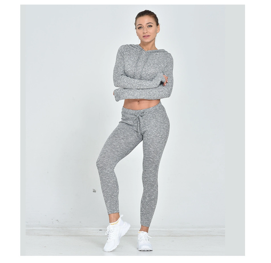 2 Piece Knitting Outfit Sport Bodycon Crop Top Hoodie Athletic Tracksuits