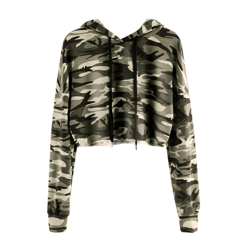 Camo Printed Ladies Crop Top Design Hoodies Wholesale for Casual Sport Street Wear