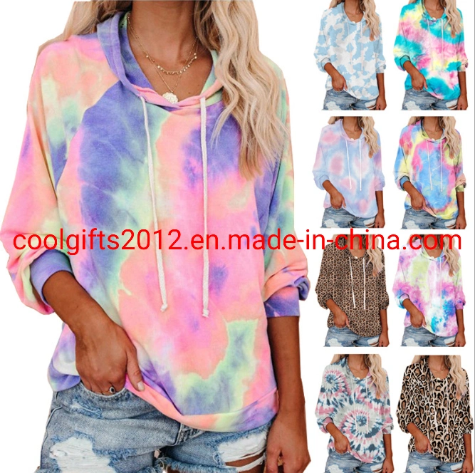 Women Long Sleeve Multicolor Casual Drawstring Hoodies Sweatshirt Tie Dye Pullover Hoodies