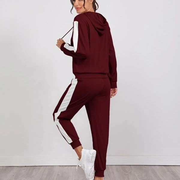 Women Striped Tape Side Drawstring Sports Hoodie with Sweatpants and Workout Running Athletic Sports Tracksuits