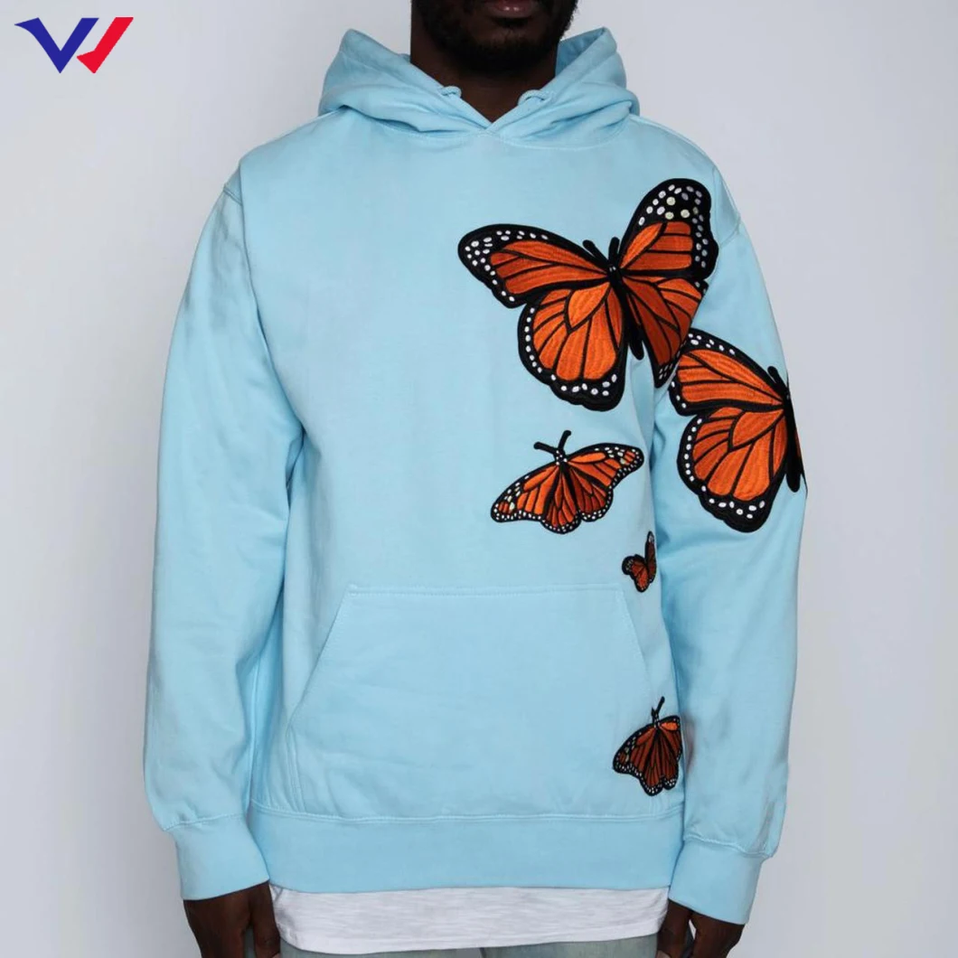 Poleron Factory Cheap Hooded Sweatshirts Wholesale Pullover Hoodie Custom Blue Kangaroo Butterfly Print Hoodie Sudadera