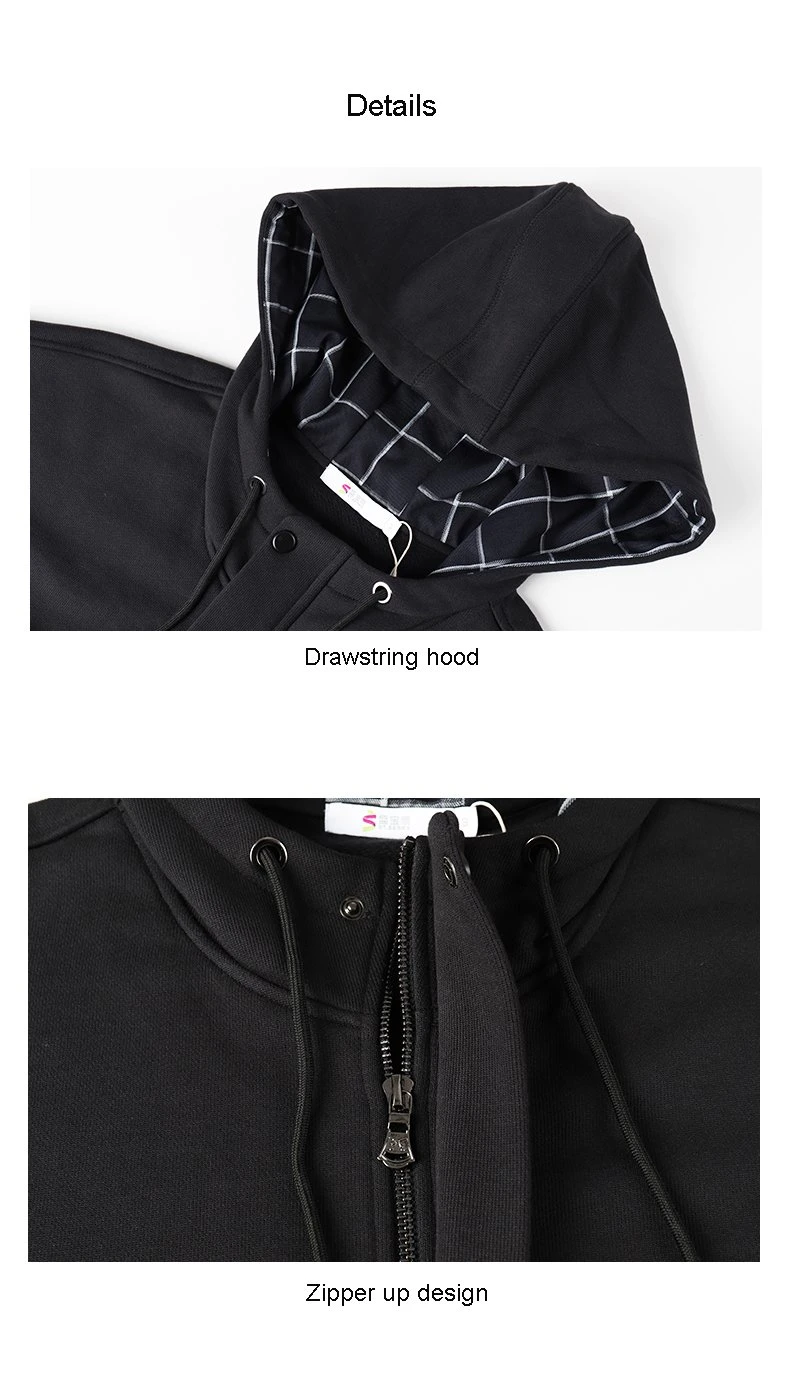 Wholesale Customize Heavy Clothes Plain Printed Hoody Sweatshirt 100% Cotton Drawstring Black Jacket Full Zipper up Hoodie for Men