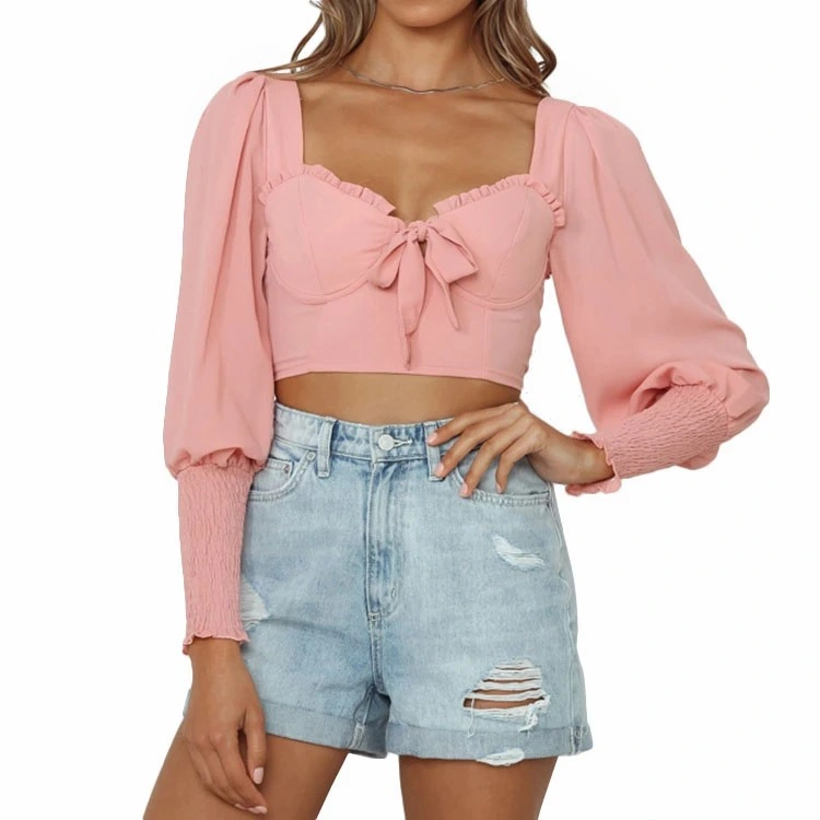 Ruffle Detial Long Sleeve Chiffon Blouse Ladies Blouse Tops Woman Blouse