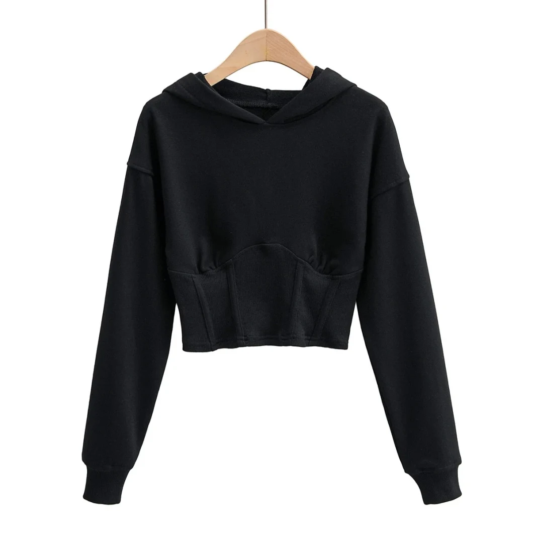 Women French Terry Cotton Crop Top Hoodie Sexy Slim Fit Pullover Sweatshirts