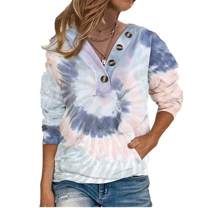 Long Sleeve Hoodie with Loose Tie-Dye Print Twist Button