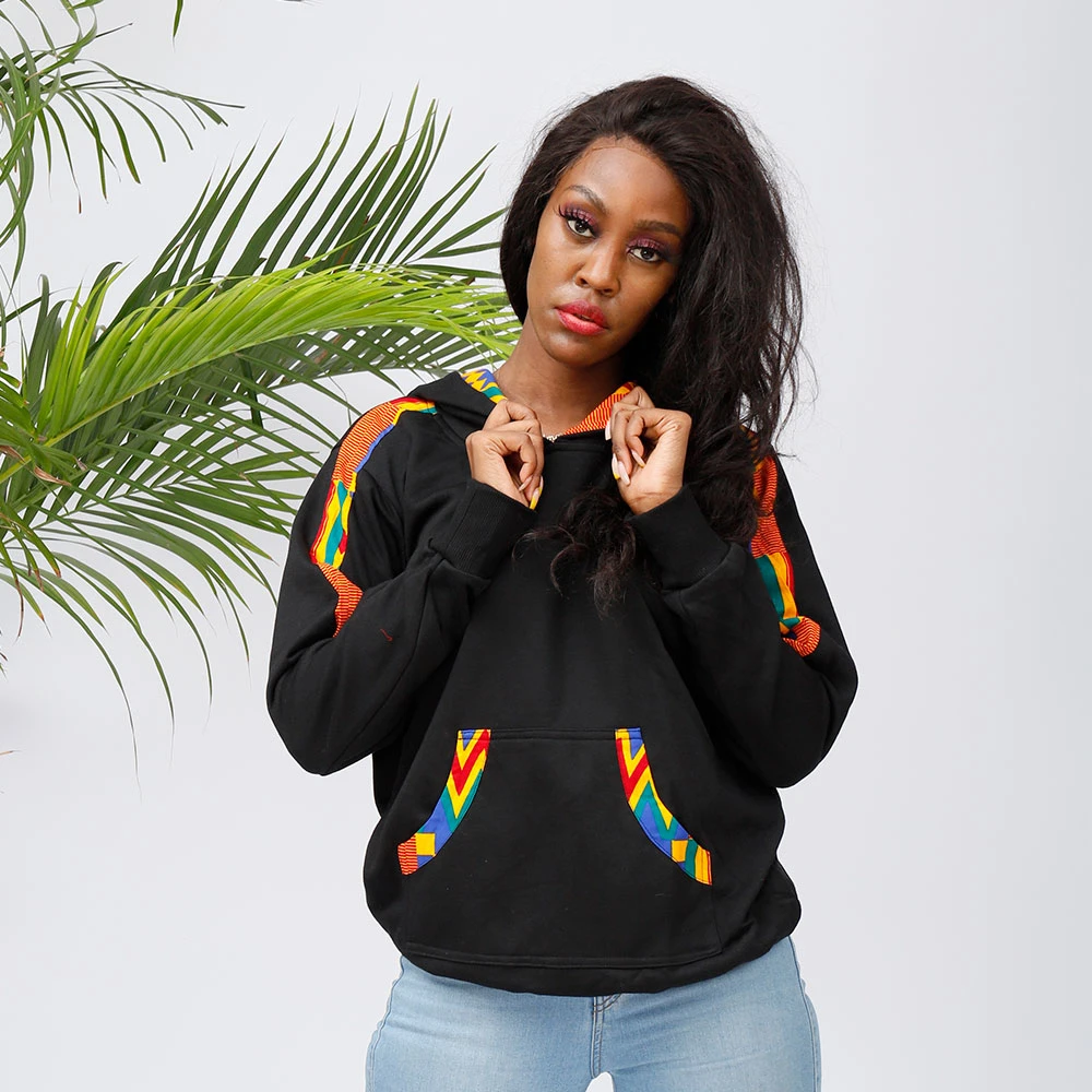 Winter Fashion Women Kente Joint 100% Cotton Fleece Warm Thick Black Hoodie