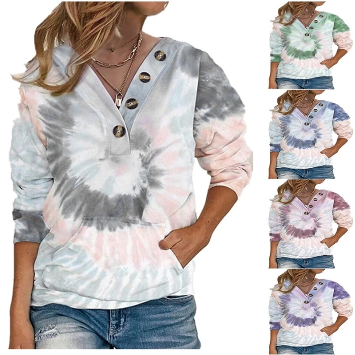 Long Sleeve Hoodie with Loose Tie-Dye Print Twist Button