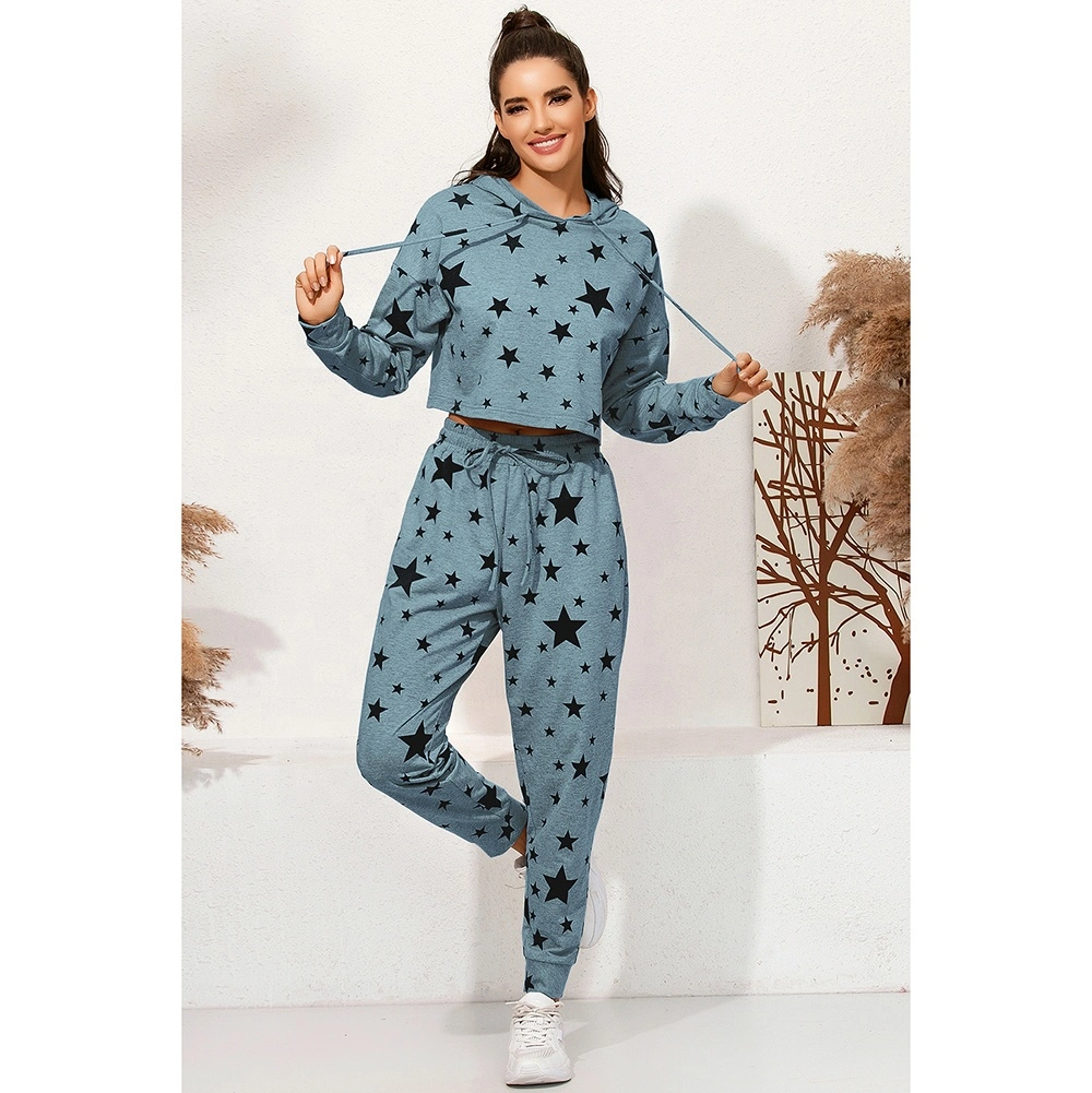 Fall Winter New Hooded Star Long Sleeve Hoodie Suit Jacket Casual Sport Trousers for Women