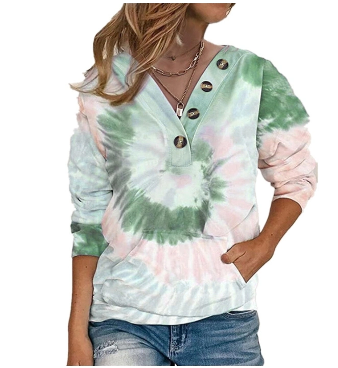 Long Sleeve Hoodie with Loose Tie-Dye Print Twist Button