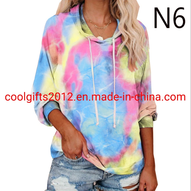 Women Long Sleeve Multicolor Casual Drawstring Hoodies Sweatshirt Tie Dye Pullover Hoodies