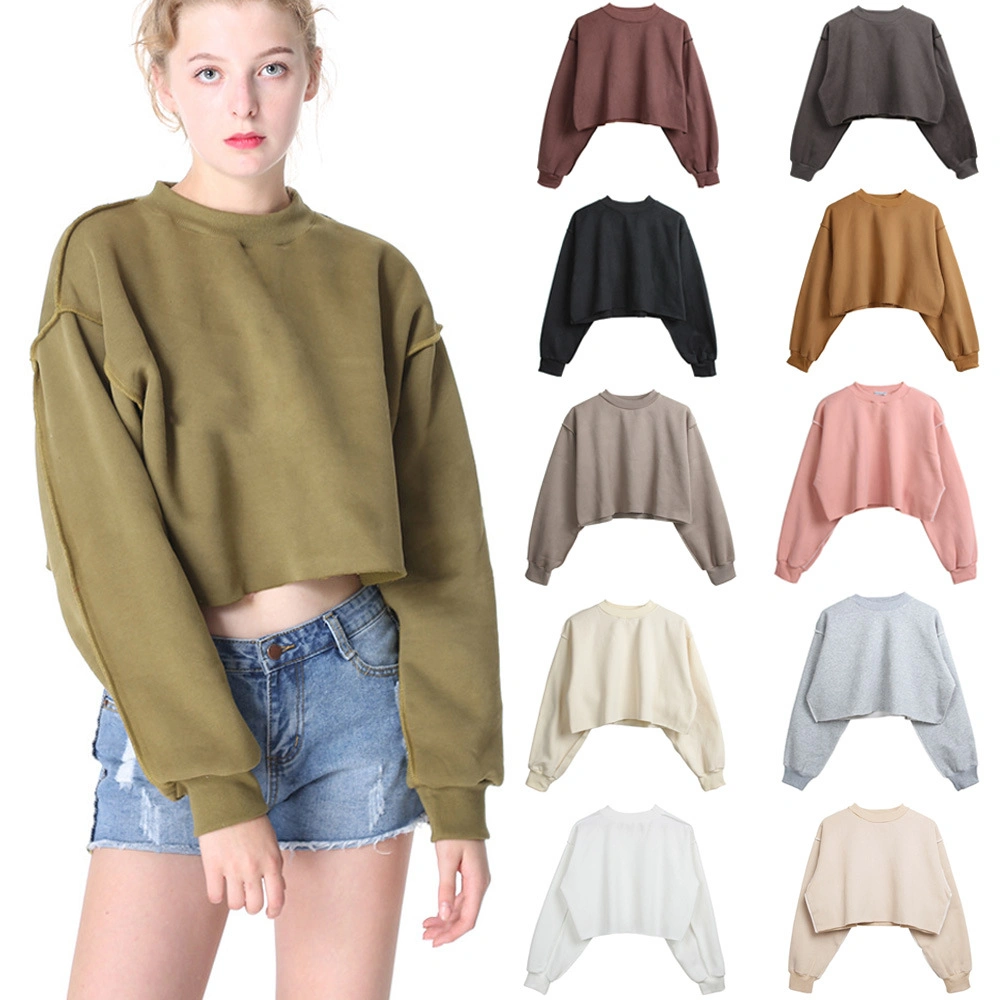 Custom Printing 100% Cotton French Terry Plain Hoodie Sweaters Long Sleeve Women Oversized Crop Top Sweatshirt