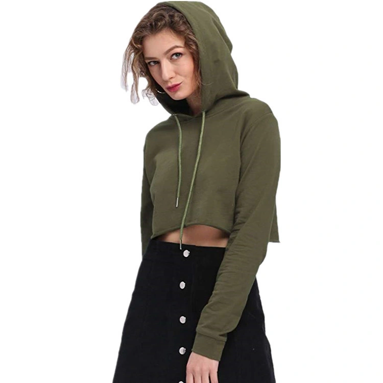 Womens Cropped Workout Sports Hoodie Plain Army Green Long Sleeve Crop Top Sweatshirts